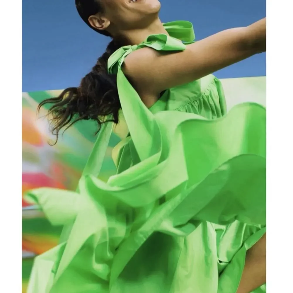 Christopher John Rogers Dress Womens Small Green Strap Tie Midi Babydoll A-Line - Picture 5 of 16